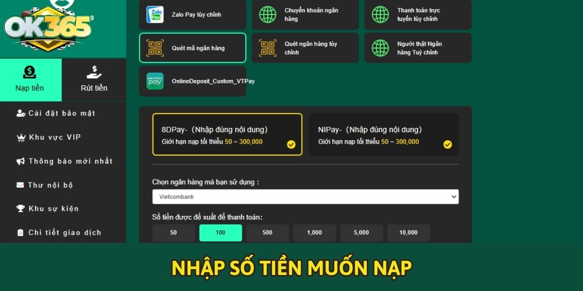 Nhập số tiền muốn nạp